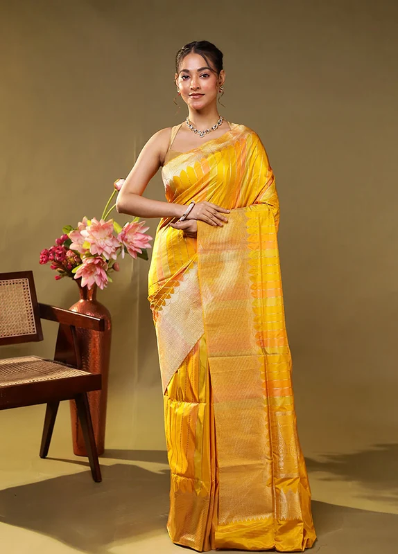 Yellow Handloom Katan Pure Silk Saree With Blouse Piece One Size
