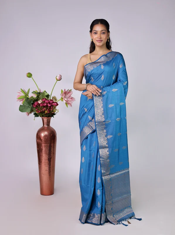 Blue Dupion Silk Saree With Blouse Piece One Size