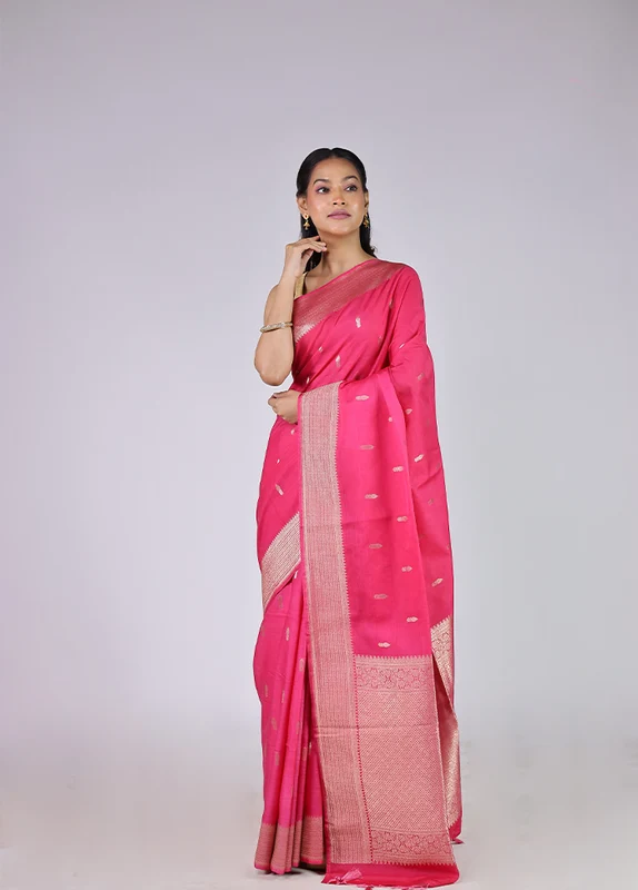 Pink Dupion Silk Saree With Blouse Piece One Size
