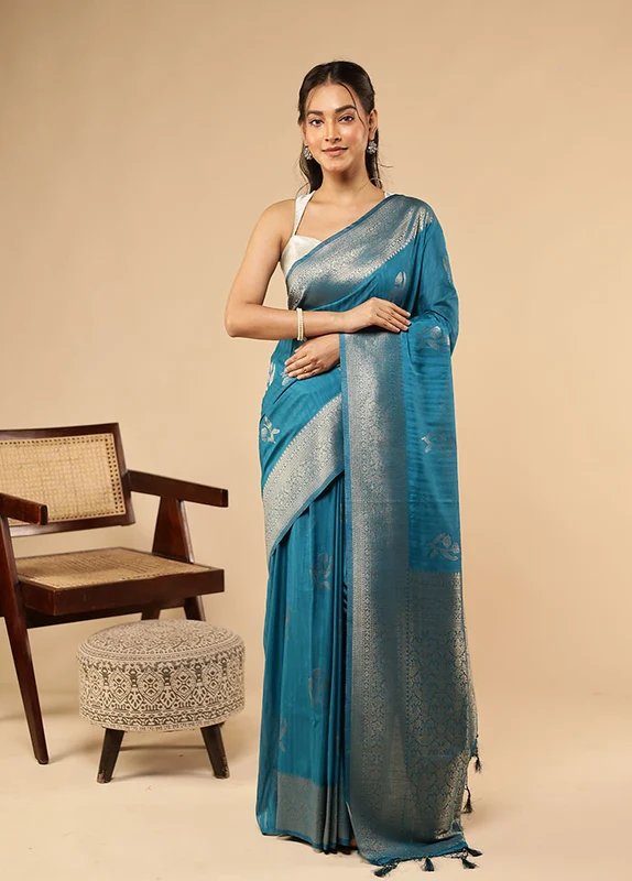Green Dupion Silk Saree With Blouse Piece One Size