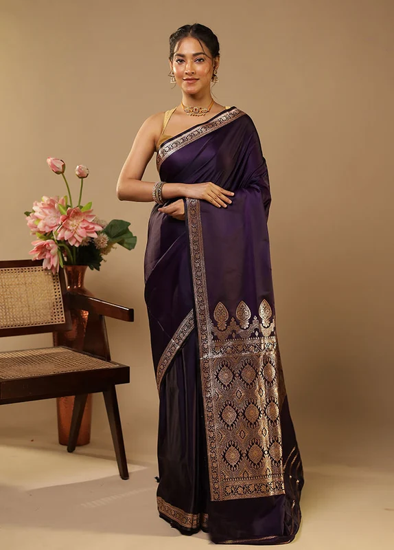 Purple Banarasi Silk Saree With Blouse Piece One Size