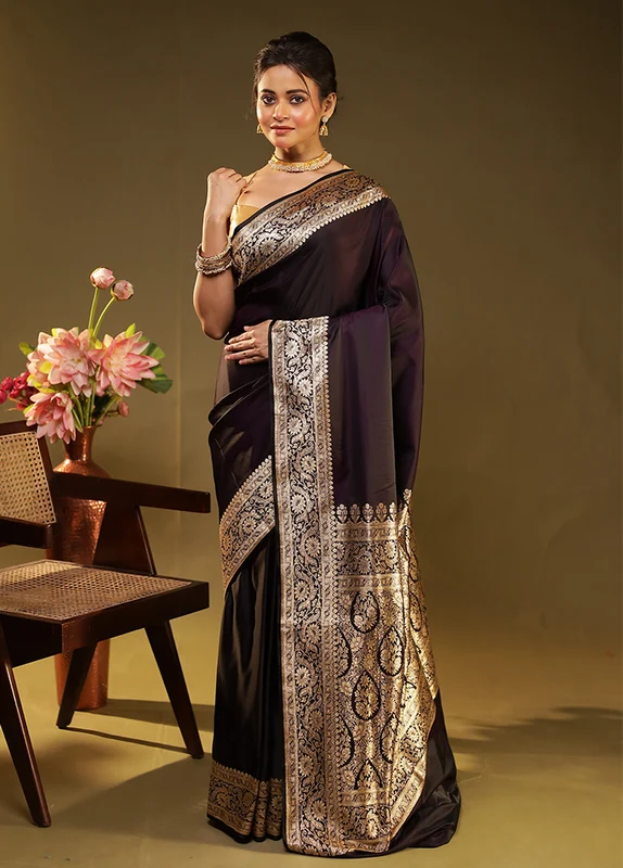 Blue Banarasi Silk Saree With Blouse Piece One Size