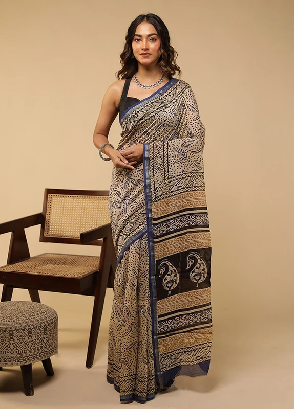 Cream Chanderi Silk Saree With Blouse Piece One Size