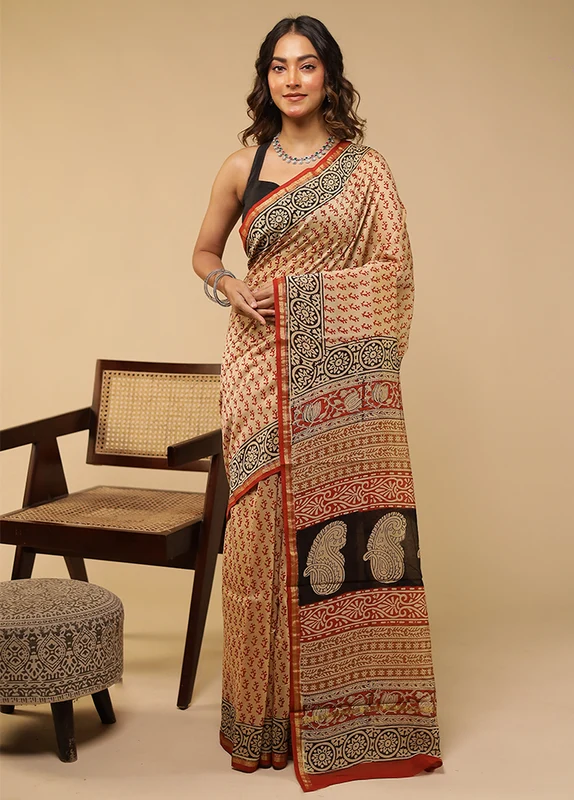 Cream Chanderi Silk Saree With Blouse Piece One Size
