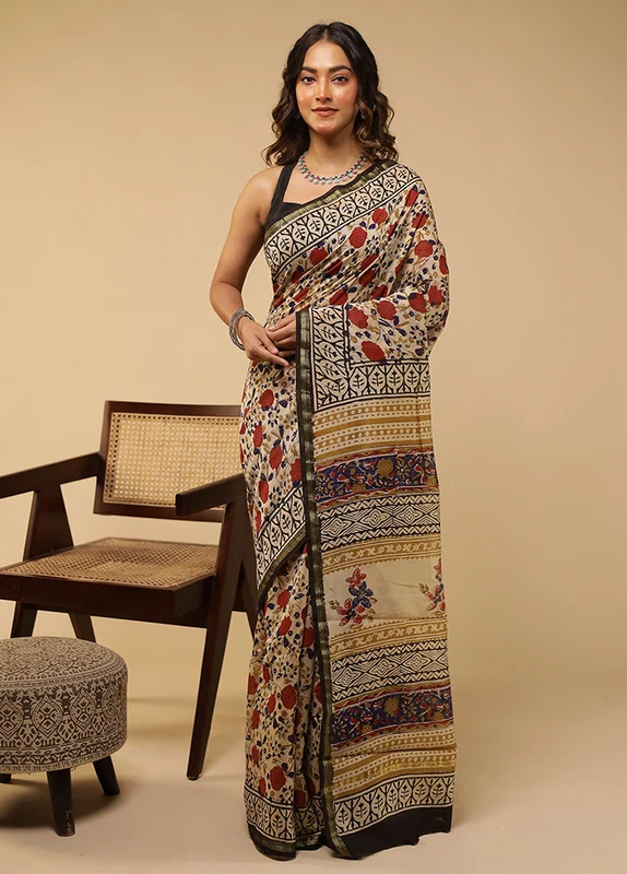 Cream Chanderi Silk Saree With Blouse Piece One Size