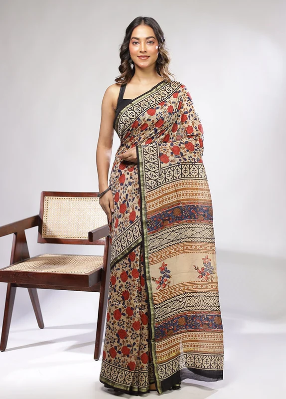 Cream Chanderi Silk Saree With Blouse Piece One Size