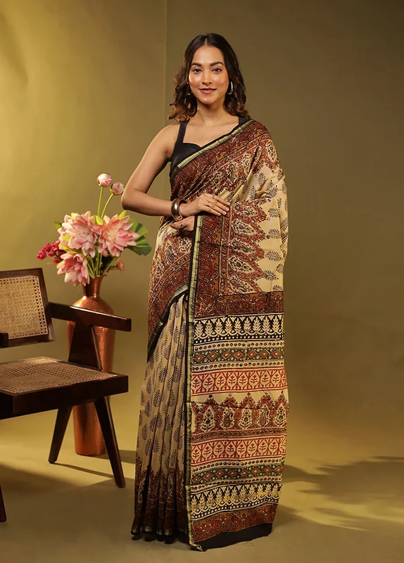 Cream Chanderi Silk Saree With Blouse Piece One Size