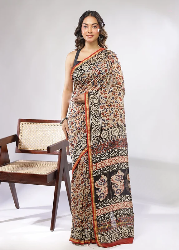 Cream Chanderi Silk Saree With Blouse Piece One Size