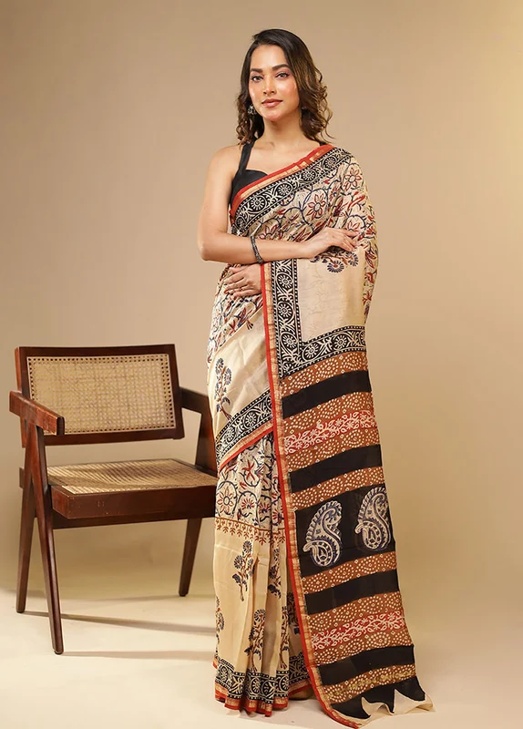 Cream Chanderi Silk Saree With Blouse Piece One Size