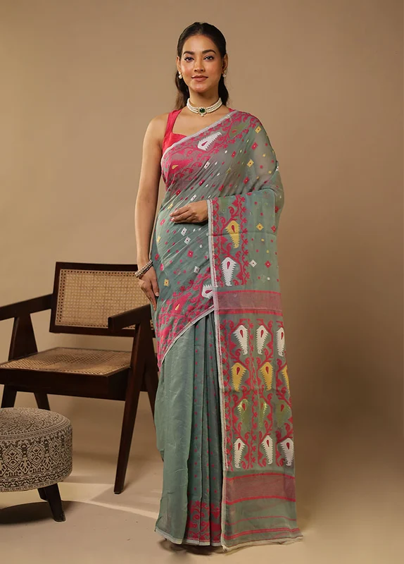 Green Jamdani Cotton Saree With Blouse Piece One Size