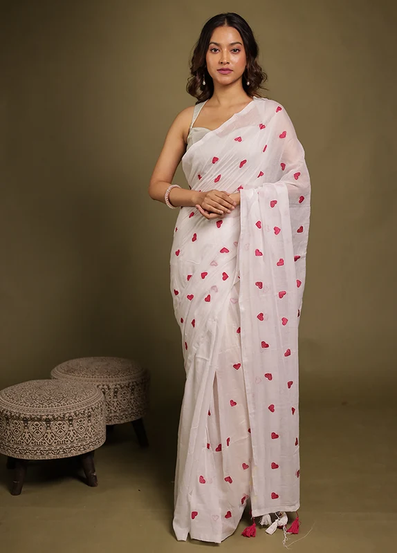 White Mulmul Cotton Saree Without Blouse Piece One Size