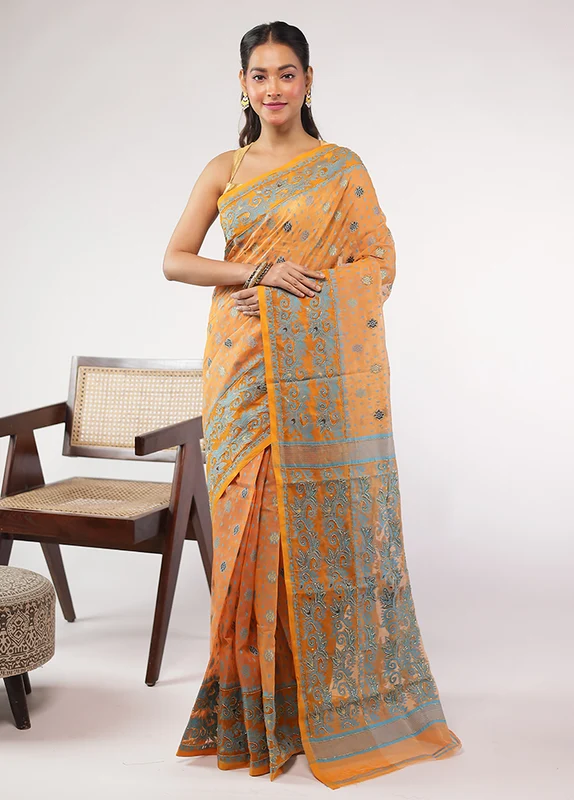 Peach Cutdana Jamdani Saree Without Blouse Piece One Size