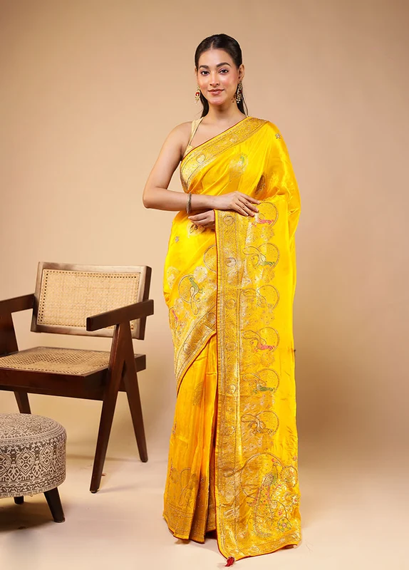 Yellow Georgette Saree With Blouse Piece One Size
