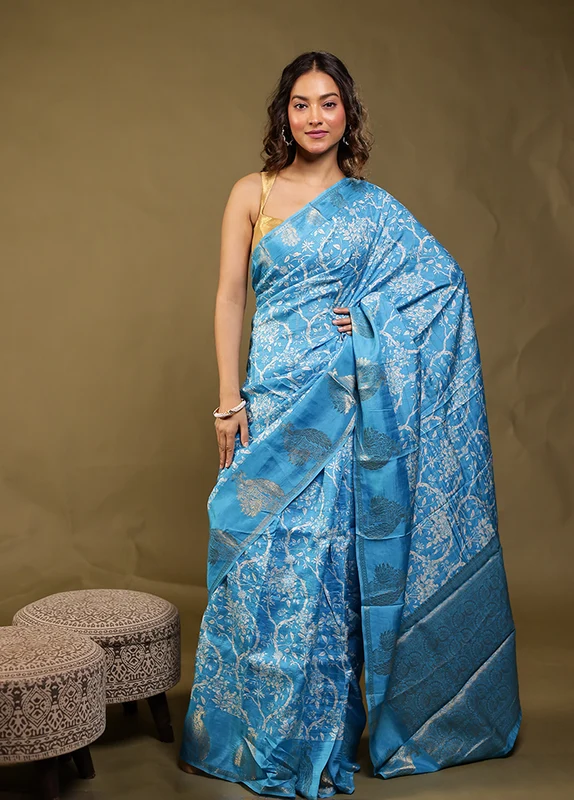Blue Chanderi Silk Saree With Blouse Piece One Size