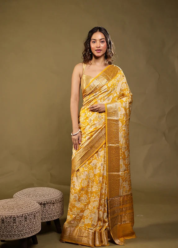 Yellow Chanderi Silk Saree With Blouse Piece One Size