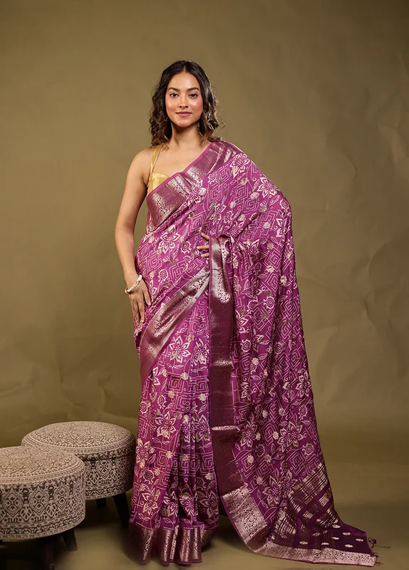 Purple Chanderi Silk Saree With Blouse Piece One Size