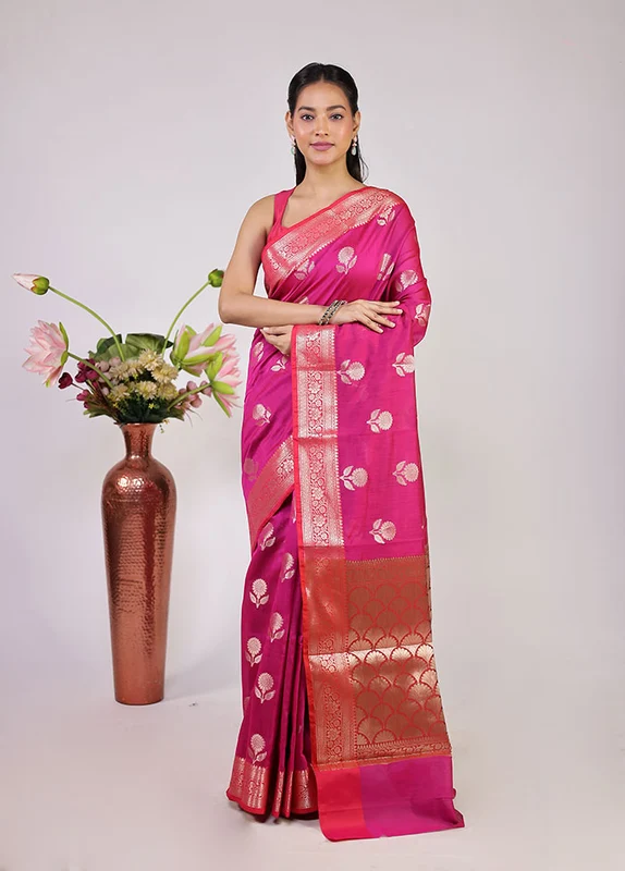 Pink Cotton Saree With Blouse Piece One Size