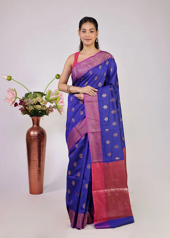 Blue Cotton Saree With Blouse Piece One Size