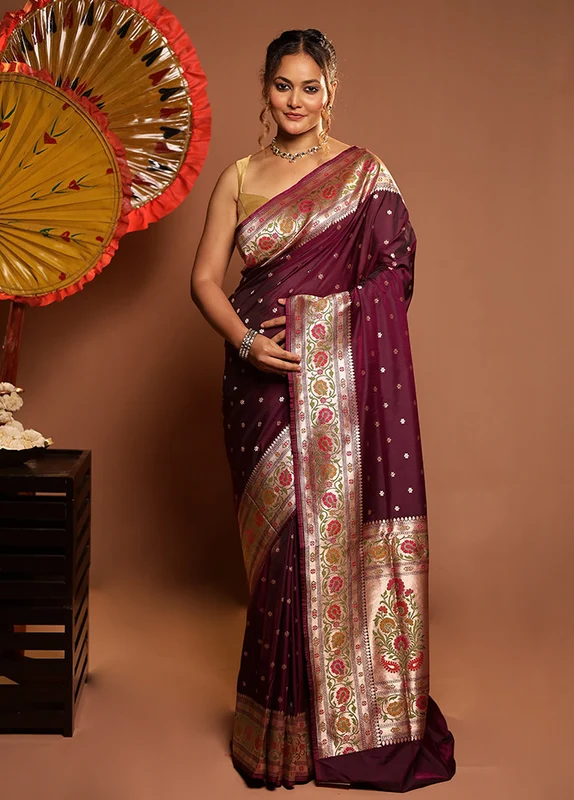 Maroon Katan Silk Saree With Blouse Piece One Size