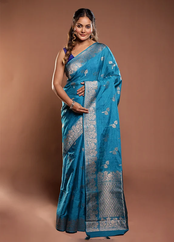 Blue Dupion Silk Saree With Blouse Piece One Size