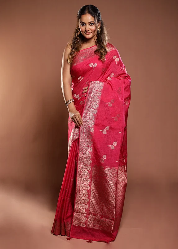 Pink Dupion Silk Saree With Blouse Piece One Size