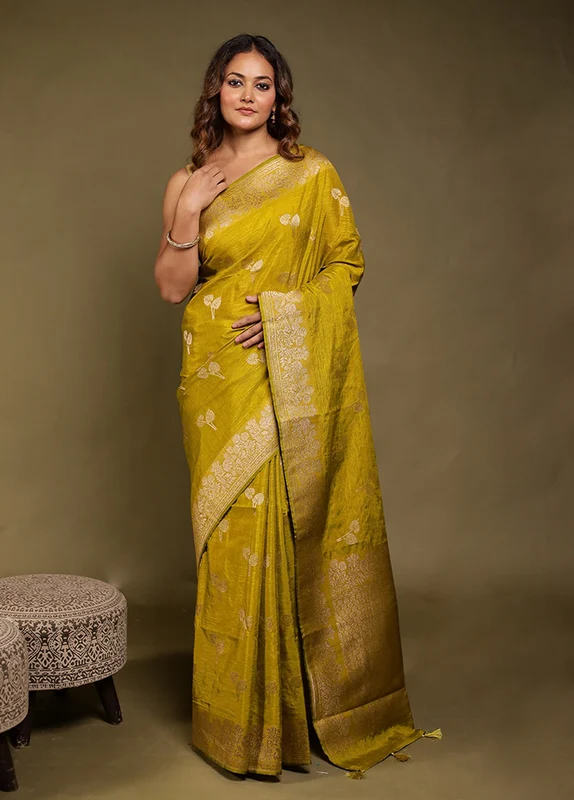 Yellow Dupion Silk Saree With Blouse Piece One Size