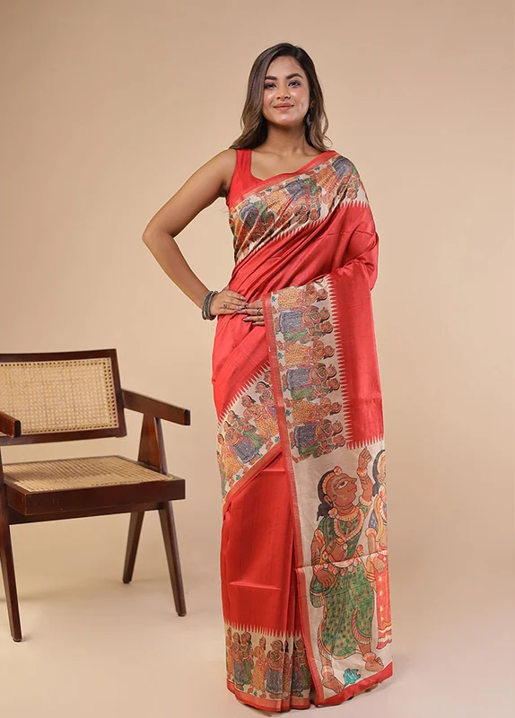 Red Tussar Silk Saree With Blouse Piece One Size