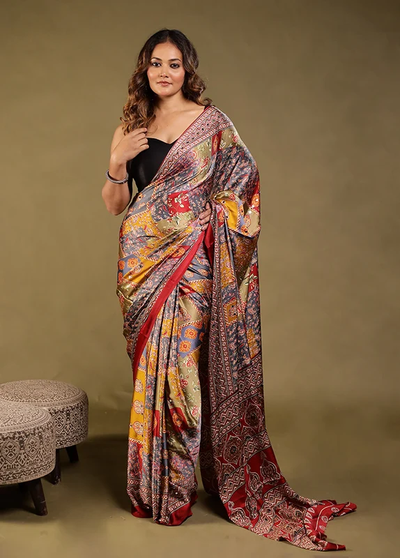 Grey Modal Silk Saree Without Blouse Piece One Size