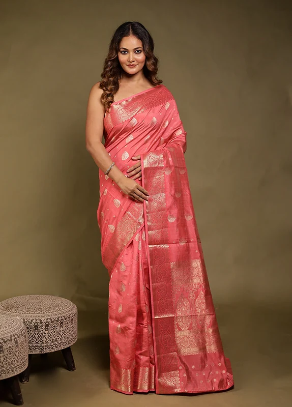 Pink Dupion Silk Saree With Blouse Piece One Size