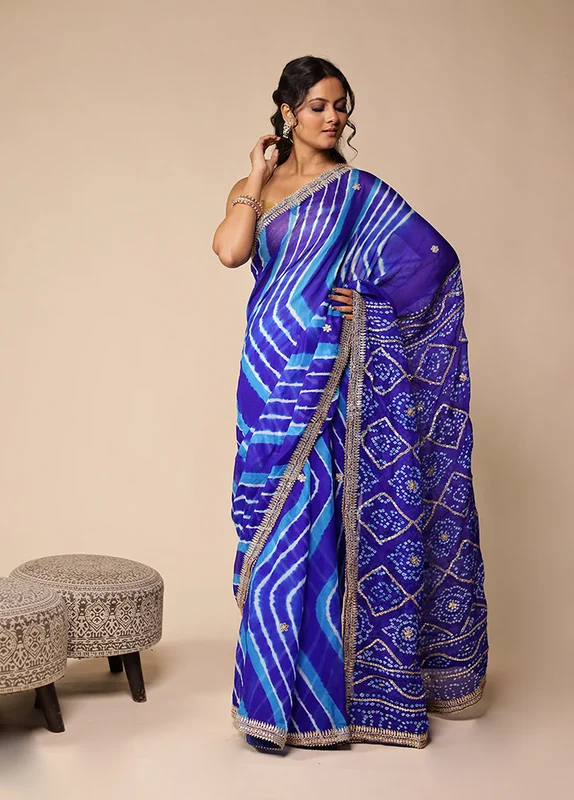 Blue Bandhej Saree With Blouse Piece One Size