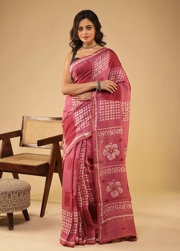 Pink Chanderi Silk Saree With Blouse Piece One Size