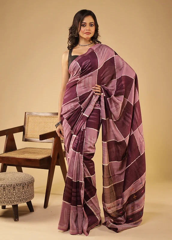 Purple Chanderi Silk Saree With Blouse Piece One Size