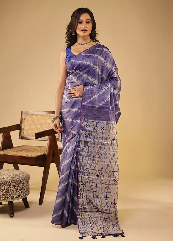 Blue Handloom Tissue Pure Silk Saree With Blouse Piece One Size