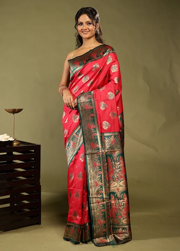 Pink Baluchari Silk Saree With Blouse Piece One Size