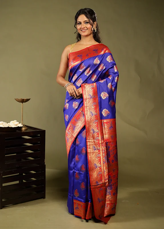 Blue Baluchari Silk Saree With Blouse Piece One Size