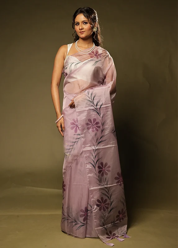 Purple Organza Saree With Blouse Piece One Size