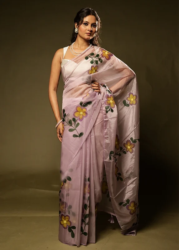 Purple Organza Saree With Blouse Piece One Size