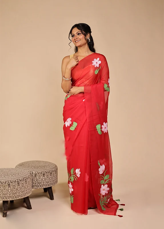 Red Organza Saree With Blouse Piece One Size
