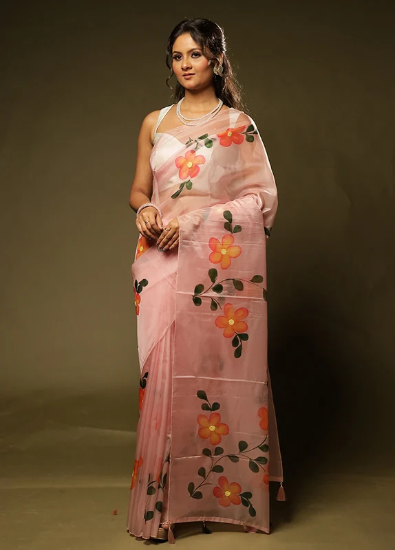 Pink Organza Saree With Blouse Piece One Size