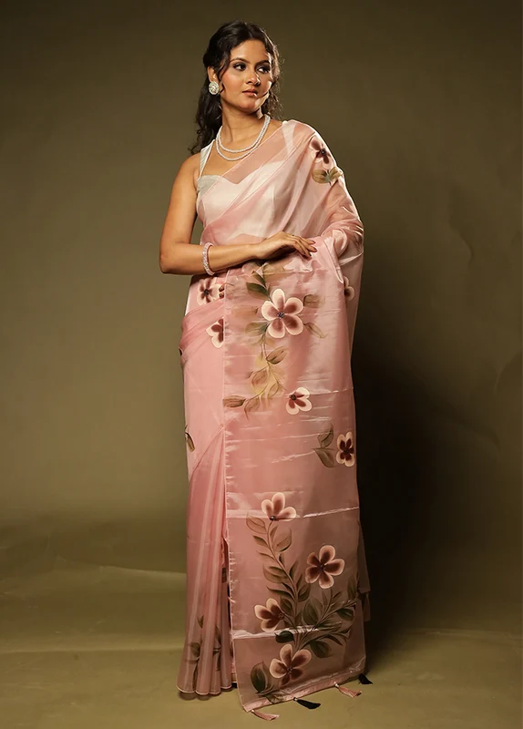 Pink Organza Saree With Blouse Piece One Size