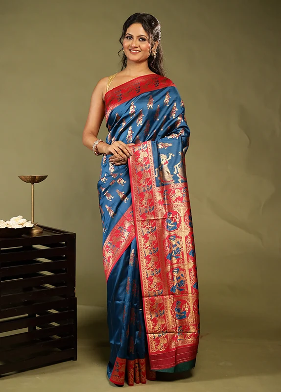 Blue Baluchari Silk Saree With Blouse Piece One Size