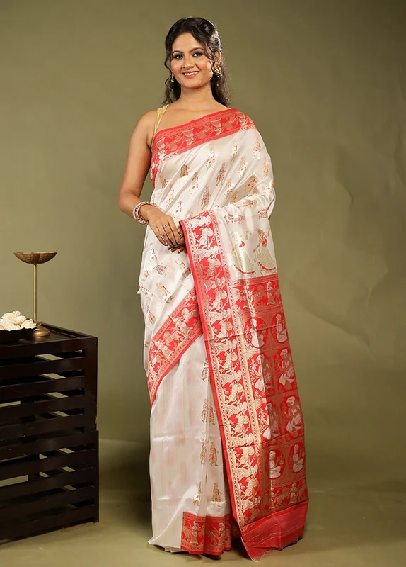 White Baluchari Silk Saree With Blouse Piece One Size