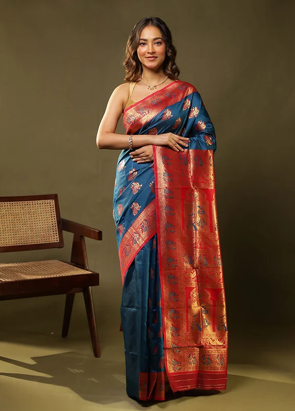 Blue Baluchari Silk Saree With Blouse Piece One Size