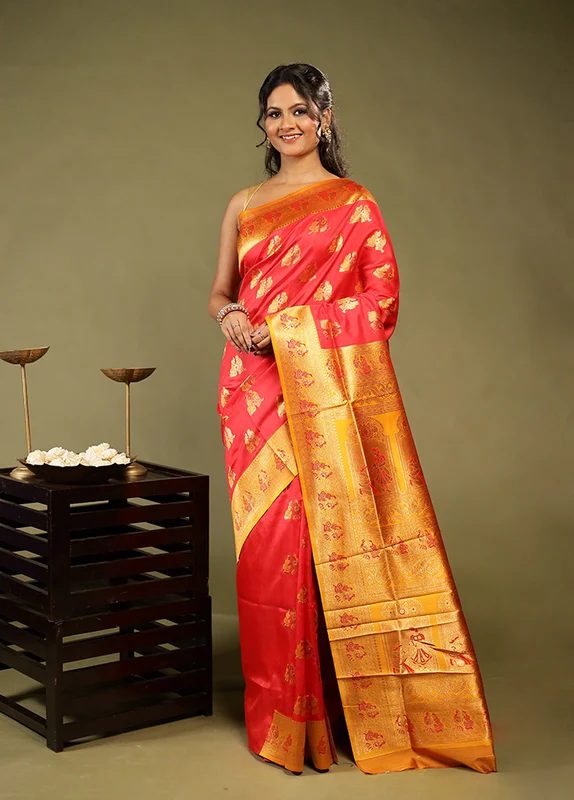 Red Baluchari Silk Saree With Blouse Piece One Size