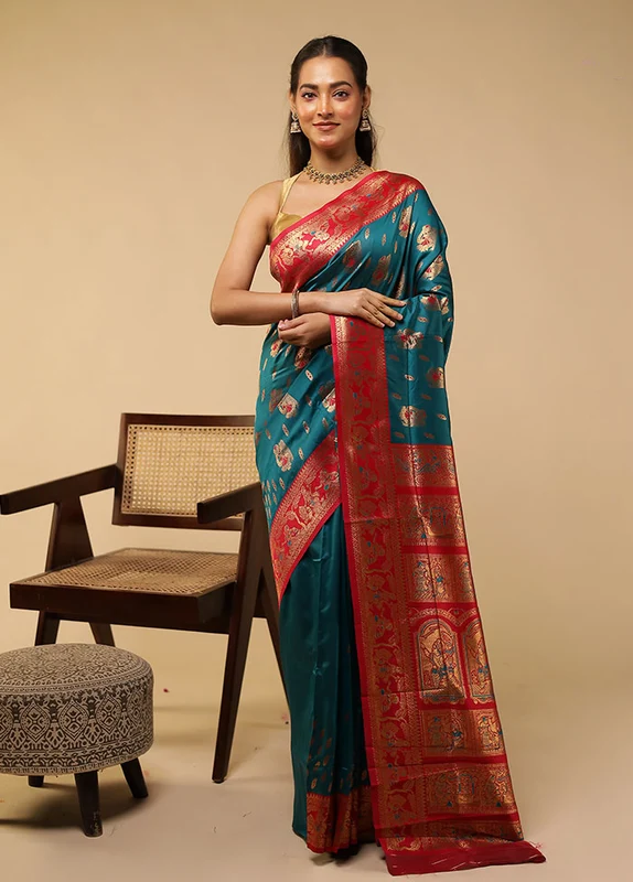 Green Baluchari Silk Saree With Blouse Piece One Size