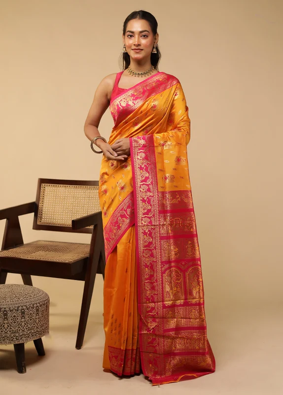 Yellow Baluchari Silk Saree With Blouse Piece One Size