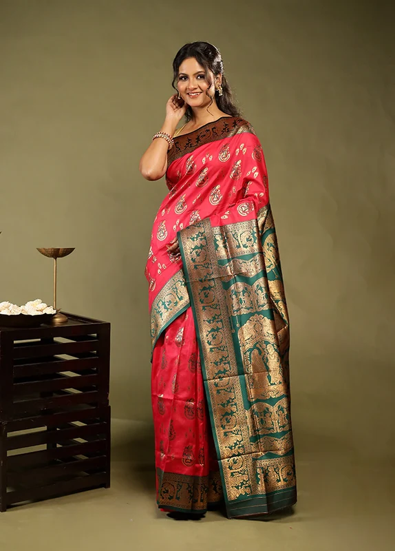 Pink Baluchari Silk Saree With Blouse Piece One Size