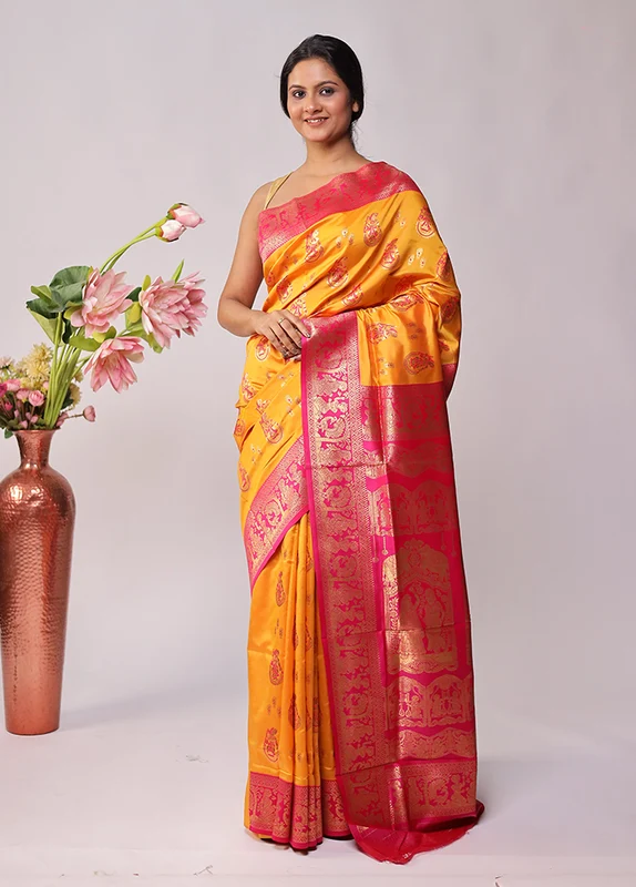 Yellow Baluchari Silk Saree Without Blouse Piece One Size