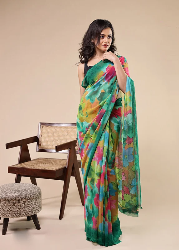 Green Chiffon Silk Saree With Blouse Piece One Size