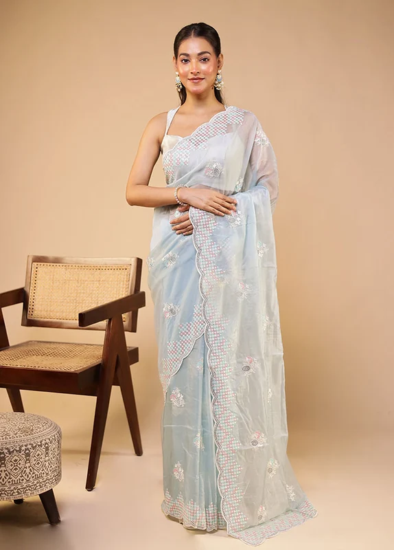 Blue Georgette Saree With Blouse Piece One Size